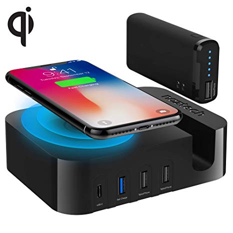 Naztech Ultimate Power Station [1 Wireless Charger   1 USB-C Port   4 USB Ports   A Portable Charger] Compatible with Qi-Enabled Devices, iPhone Xs/X/Xs Max/XR/ 8/8 Plus, Galaxy S9/S9 /S8/S8  & More