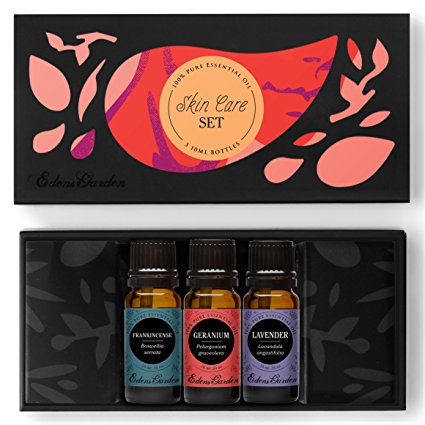 Skin Care Set- 100% Pure Therapeutic Grade Aromatherapy Oils- 3/ 10 ml of Frankincense (serrata), Geranium, Lavender (bulgarian) Essential Oils by Edens Garden