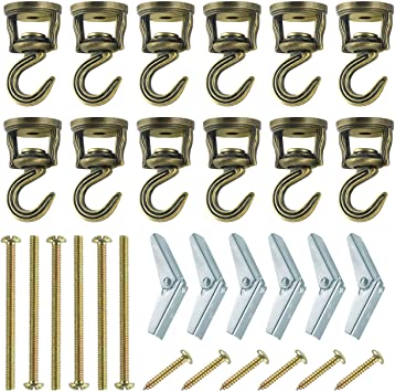 Pack of 12 Complete Sets – Heavy Duty Metal Swivel Ceiling Hooks, Wide Opening Swivel Swag Hooks, Plant Hanging Hooks with Hardware, Antique Brass Enamel Finish