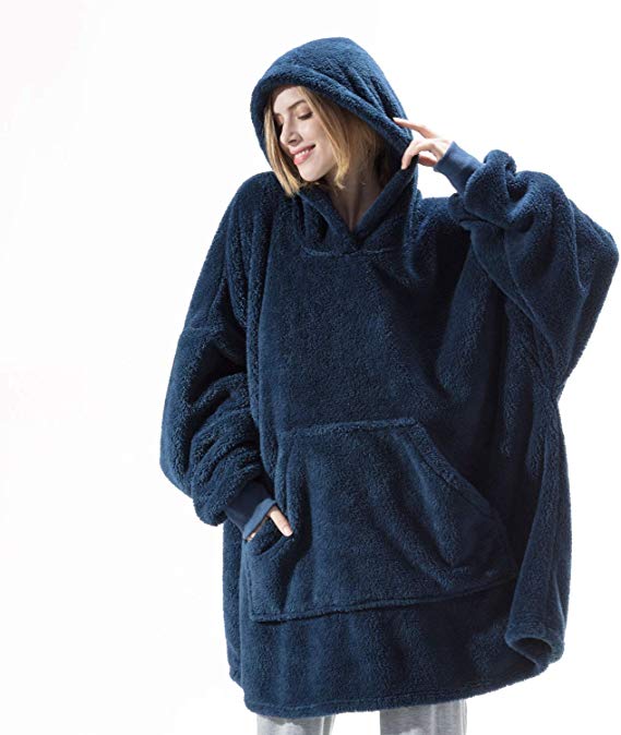 Bedsure Blanket Sweatshirt, Standard Size Hoodie Blanket, Plush Fleece Velveteen Blanket with Sleeves and Pockets for Men, Women and Children, Navy, Gifts for Families, Christmas (34x38 inches)