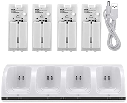 NIFERY Wii Charging Station with Rechargeable Batteries for Wii Controller, 4 Port Wii Charger Stand with 4pcs Batteries USB Charging Cord (White)