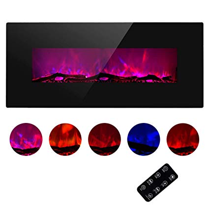 TAGI 50'' Glass Electric Fireplace Heater with 5 Changeable Flame Color, Wall Mounted or Free Standing
