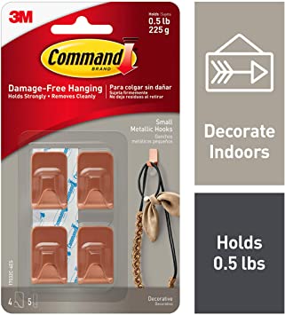 Command Metallic Hooks, Copper, Small, Decorate Damage-Free, 4 hooks, 5 strips (17032C-4ES)