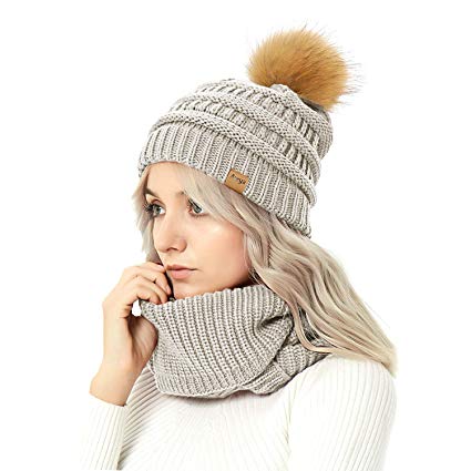 Womens Winter Warm Cable Knit Pom Pom Beanie Hat Cap and Infinity Scarf Set by Aurya