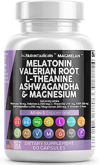 Melatonin 10mg Valerian Root 6000mg L Theanine 200mg Ashwagandha 4000mg - Sleep Support for Women and Men with Magnesium Complex, Lemon Balm, Chamomile, and Passion Flower - Made in USA 60 Caps