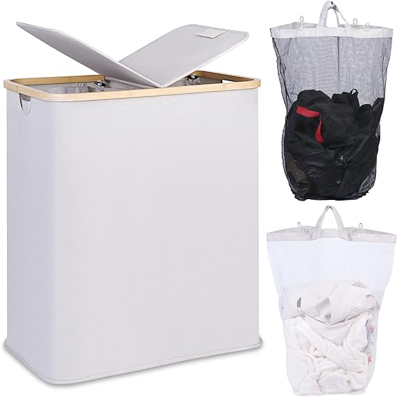 efluky Double Laundry Hamper with Lid, Divided Laundry Hamper with Removable Bags, 2 Section Dirty Clothes Basket with Handles for Bathroom, Bedroom & Laundry Room, 140L Off White