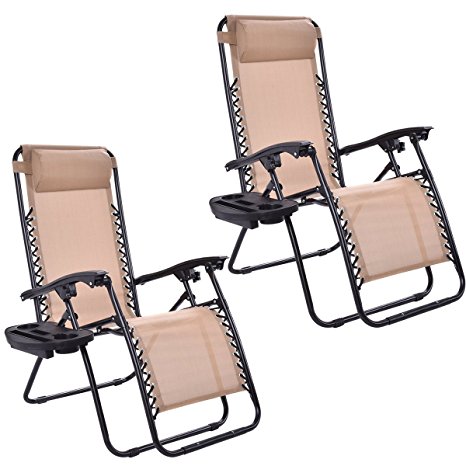 Goplus® 2PC Zero Gravity Chairs Lounge Patio Folding Recliner Outdoor Yard Beach With Cup Holder (Beige)