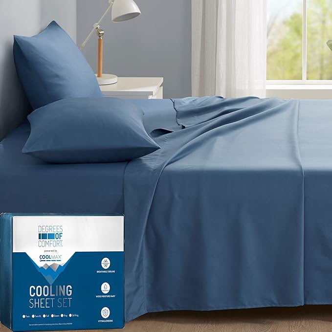 Degrees of Comfort Coolmax Cooling Sheets | Queen Size Bed Sheet Set for Hot Sleepers | Soft Fabric with Deep Pocket, Blue 4PC