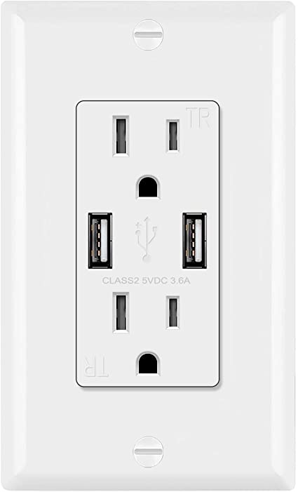BESTTEN 15 Amp USB Receptacle Outlet, 3.6A Dual USB Wall Charger, TR Receptacle with Dual USB Charging Ports, UL Listed, White
