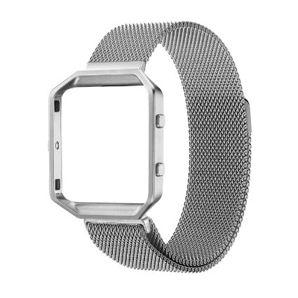 Fitbit Blaze Accessories Band Small UMTele Rugged Metal Frame Housing with Magnet Lock Milanese Loop Stainless Steel Bracelet Strap Band for Fitbit Blaze Smart Fitness Watch Silver 51-79