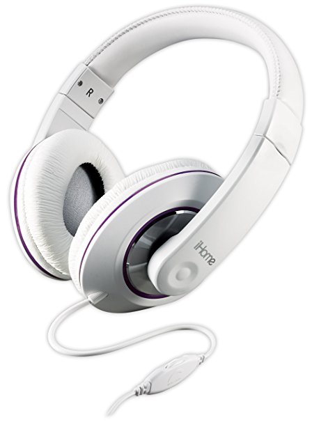 iHome iB40WU Over-the-Ear Headphones with Volume Control (White with Purple Accents)