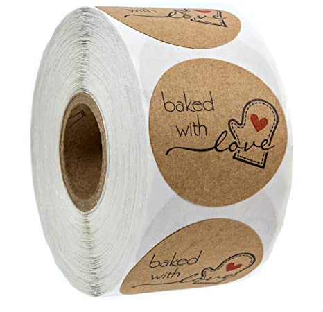 1.5" Inch Round Natural Kraft Baked with Love Stickers / 500 Labels per roll