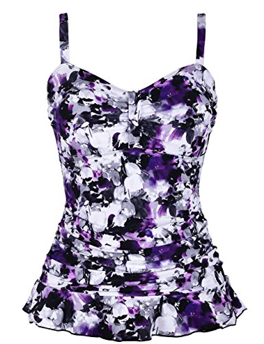 Hilor Women's 50's Retro Ruched Tankini Swimsuit Top with Ruffle Hem