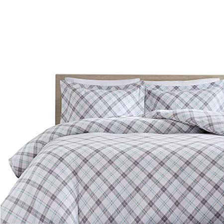 Duvet Cover Queen Bedding Sets - Soft Cotton Flannel Grey and Aqua Plaid 3 Piece Set Includes 2 Shams and 1 Duvet Cover with Four Corner Ties