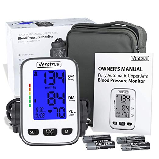 Upper Arm Blood Pressure Monitor by Veratrue - Includes: Fully Auto Monitor, Fit-All Cuff, 4AA & Carrying case - XXL LCD Display, Speaker, Blue Backlight, Irregular Heartbeat Detector, Memory