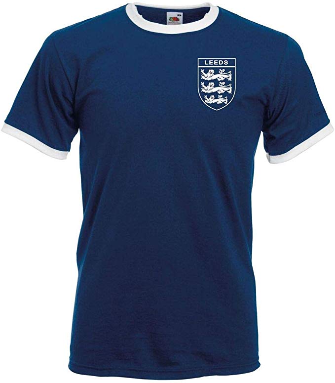 3 Lions LEEDS United Club and Country Ringer T-Shirt Small Crest Mens Navy/White