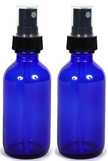 Cobalt Blue Glass Spray Bottle (2 oz, 2 pk) with Bonus Waterproof Labels, Fine Mist Sprayer, for Essential Oils, Colognes & Perfumes, Highest Quality