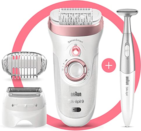 Braun Silk-épil 9-890, Epilator for Long-Lasting Hair Removal, Includes a Bikini Styler, High Frequency Massage Cap, Shaver and Trimmer Head, Cordless Wet and Dry Epilation for Women