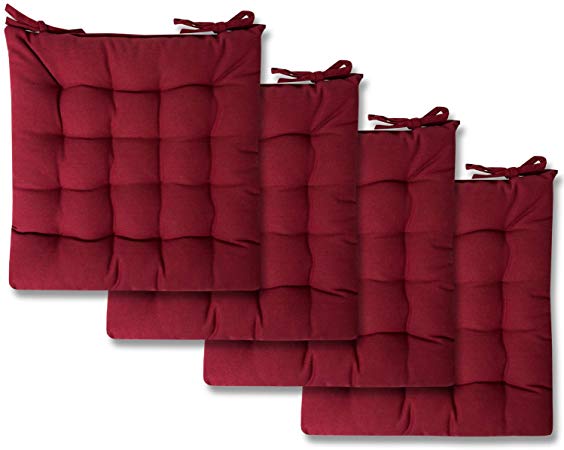 Sweet Home Collection Chair Cushion Seat Pads Indoor/Outdoor Printed Tufted Design Soft and Comfortable Covers for Dining Rooms Patio with Ties for Non Slip, 4 Pack, Burgundy Red