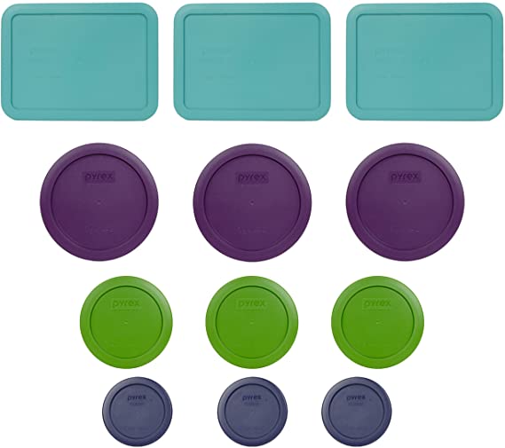 Pyrex (3) 7210-PC 3 Cup Turquoise (3) 7201-PC 4 Cup Purple (3) 7200-PC 2 Cup Lawn Green (3) 7202-PC 1 Cup Dark Blue Replacement Food Storage Lids