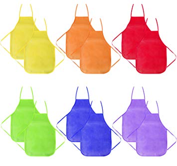 12 Pack 6 Colors Children's Artists Fabric Aprons-Kitchen, Classroom, Community Event, Crafts & Art Painting Activity-Safe Clean for Kids Painting Apron