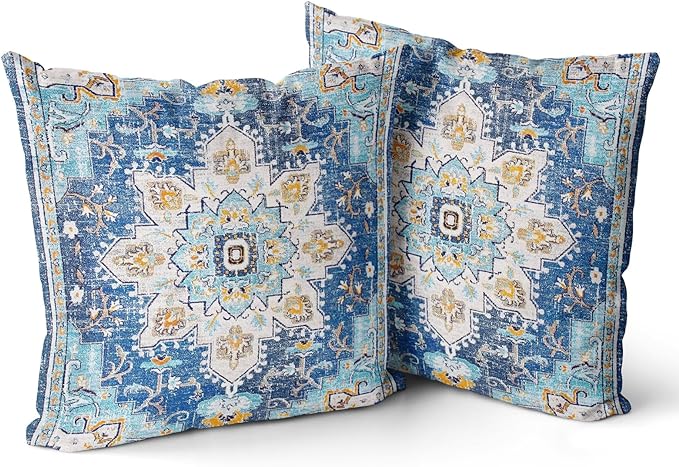 Boho Throw Pillow Covers 18x18 inch Set of 2 Monaco Rug Persian Carpet Double Sided Pattern Short Plush Cotton Soft Pillow Case Cushion Cover Pillowcase for Couch Sofa Bed Decorative (Blue)