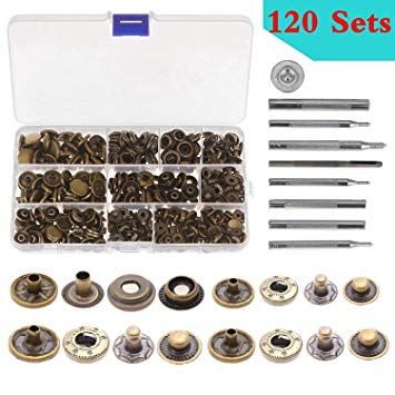 Aiskaer 120 Sets Snap Fasteners Kit, Metal Snap Buttons Press Studs with 9 Pieces Fixing Tools, Bronze Clothing Snaps Kit for Leather, Coat, Down Jacket, Jeans Wear and Bags