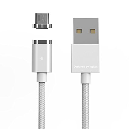Magnetic Micro usb,Wsken 3.3ft Nylon Braided Fast charging Cable with LED For Samsung ,Android ,Sony and More (Silver)