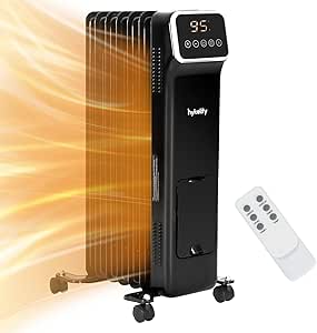 Hykolity Oil Filled Radiator Heater with Remote, 1500W Electric Space Heater with 24H Timer & Adjustable Thermostat, Digital Display, Overheat & Tip-Over Protection for Indoor use, Black