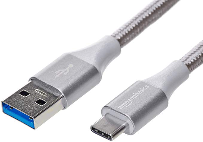 AmazonBasics Double Braided Nylon USB Type-C to Type-A 3.1 Gen 1 Cable | 0.3 m, Silver