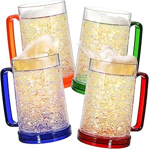 Fasmov Freezer Beer Mugs, 4 Pack Double Wall Gel Frosty Freezer Ice Mugs, Plastic Beer Mugs With Handles for Parties and Gifts, 16oz (Blue, Red, Orange and Green)