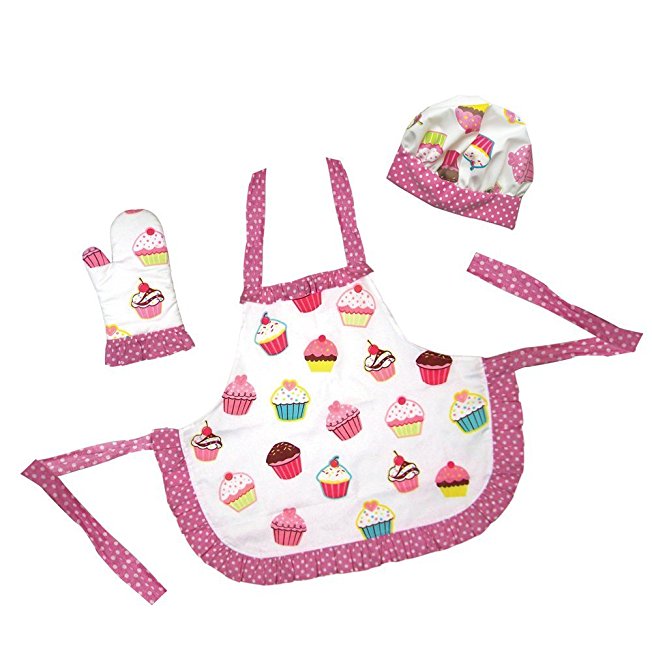 Sassafras The Little Cook Ruffled Cupcake Apron Set includes Apron, Kitchen Mitt and Hat
