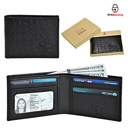 Bifold Leather Wallets for Men - Handmade RFID Blocking Genuine Leather Slim Front Pocket Mens Wallet with ID Window Multi Card Holder By Estalon