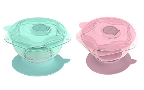 Kidsmile Stay Put and Spill-Proof Baby Feeding Bowl with Strong Suction Base, Air Damper, Snap Tight Lids, Non-Skid Handles and Raised Star Skip-Proof Design, Transparent, Mint Green Lilac Pink
