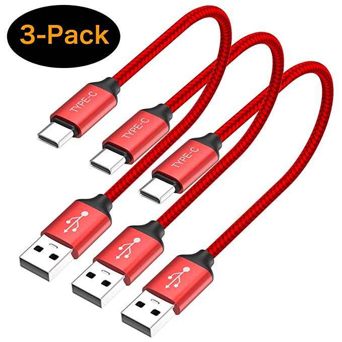 USB C Cable Short, [0.8ft 3 Pack] USB Type C Cable Braided Fast Charge Cord Compatible Samsung Galaxy Note 9 8,S10 S9 S8 Plus, LG V30 V20 G6,Pixel 2 XL,Moto Z2 Z3,Power Bank and Portable Charger(Red)