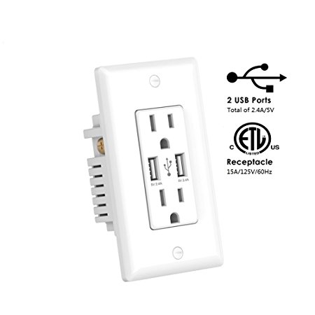 [1 Pack] USB Wall Outlet White, WEBANG 2.4 A/5V USB Wall Socket Smart High Speed USB Charger Electrical Outlet 15Amp/125V Receptacle Wall Plate with Screw (KX-XS-US-004-2.4A/5V-1W)