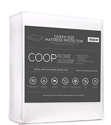 Ultra Luxe Bamboo derived Viscose Rayon Waterproof Mattress Protector by Coop Home Goods - Fitted Cooling Hypoallergenic Cover - Queen