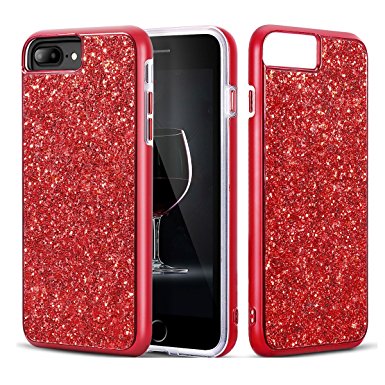iPhone 7 Plus Case, iPhone 8 Plus Case, Bling Sparkly Glitter Shockproof Dual Layer Design [Hard PC Back, Soft TPU Inner] Protective Cover with Lanyard Strap for iPhone 5.5 Inch (Red)