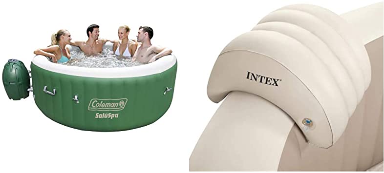 Coleman SaluSpa Inflatable Hot Tub Spa, Green & White & Intex PureSpa Headrest