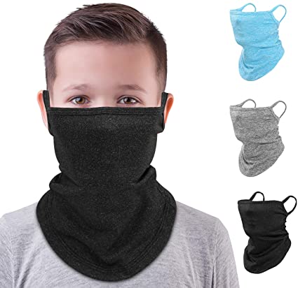 MoKo Kids Neck Gaiter Face Mask, 3 Pack Scarf Bandana Mask with Ear Loops for Kids Balaclava UV Sun Protection Dust Wind Proof Children Outdoors Cycle Skating Bandanas Headband for Girls Boys