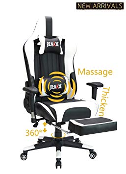 Large Size Gaming Chair High-Back PC Racing Chair Headrest Lumbar Massager Cushion Ergonomic Swivel PC Racing Chair with Retractable Footrest,PU Leather Executive Home Computer Chair(Black/White)