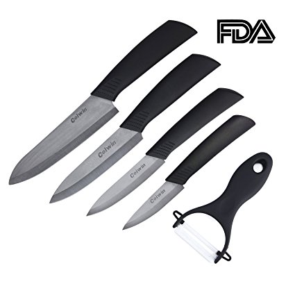 Coiwin Kitchen Cutlery Black Ceramic Knife Set With Sheaths - Super Sharp & Rust Proof & Stain Resistant ( 6" Chef Knife, 5" Utility Knife, 4" Fruit Knife, 3" Paring Knife, One Peeler )