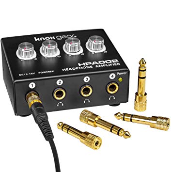 Knox Four Channel Headphone Amplifier – Ultra Compact Independent Multichannel – Mono and Stereo - 1/8 to 1/4 Adapters for Input and Output, 3.5mm RCA Input – for Performance or Recording