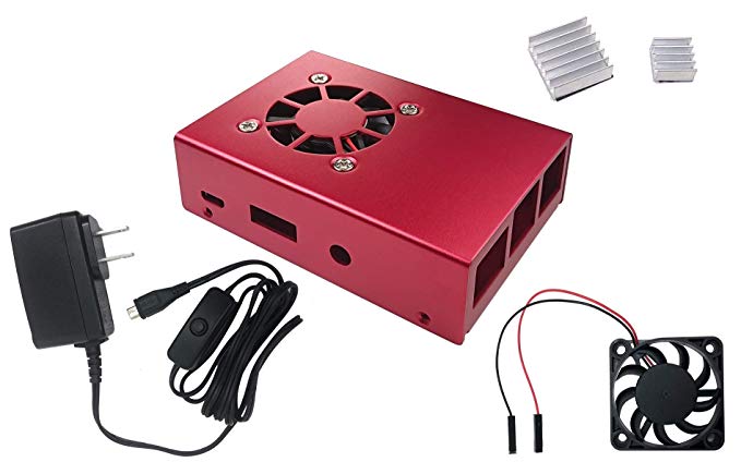 Micro Connectors Aluminum Raspberry Pi 3 Case for Model B with Fan, Heatsinks and Ul Approved On/Off Switch 5V/2.5A Power Supply Adapter - Red (RAS-PCS04PWR-RD)