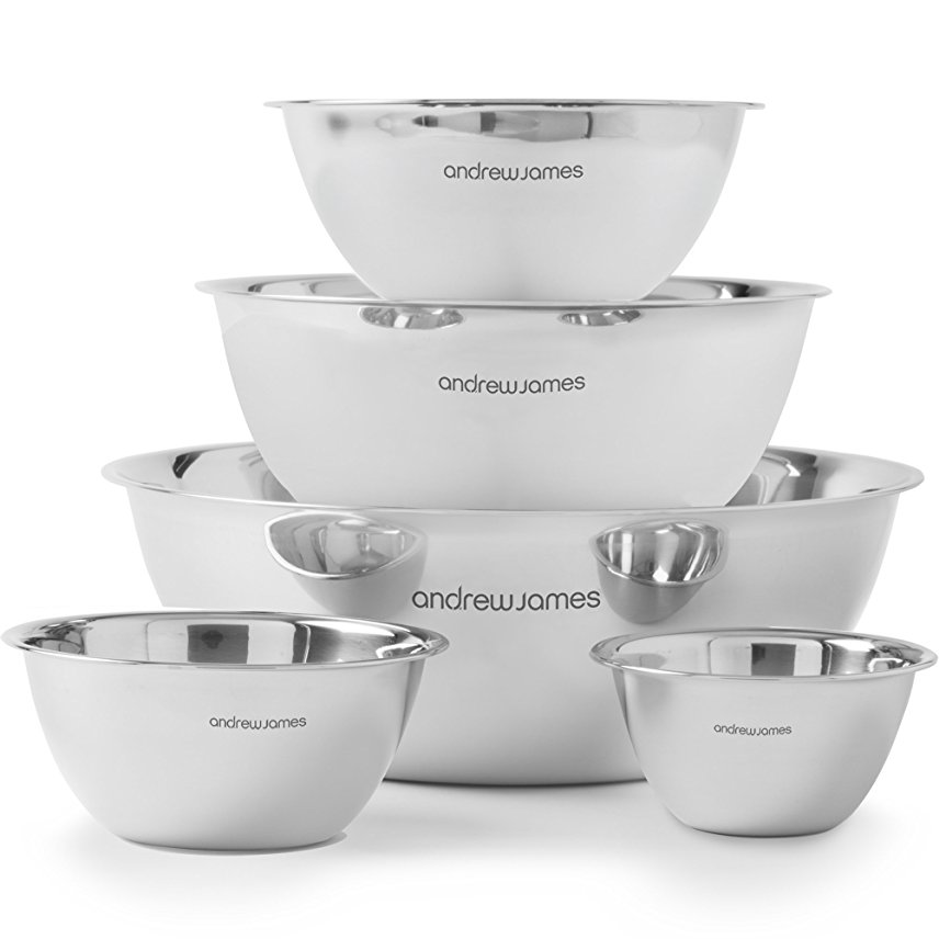 Andrew James Professional Stainless Steel 5 Piece Mixing Bowl Set - 0.5L, 1L, 2L, 5L & 10L, Easy Storage, Durable & Perfect for Baking