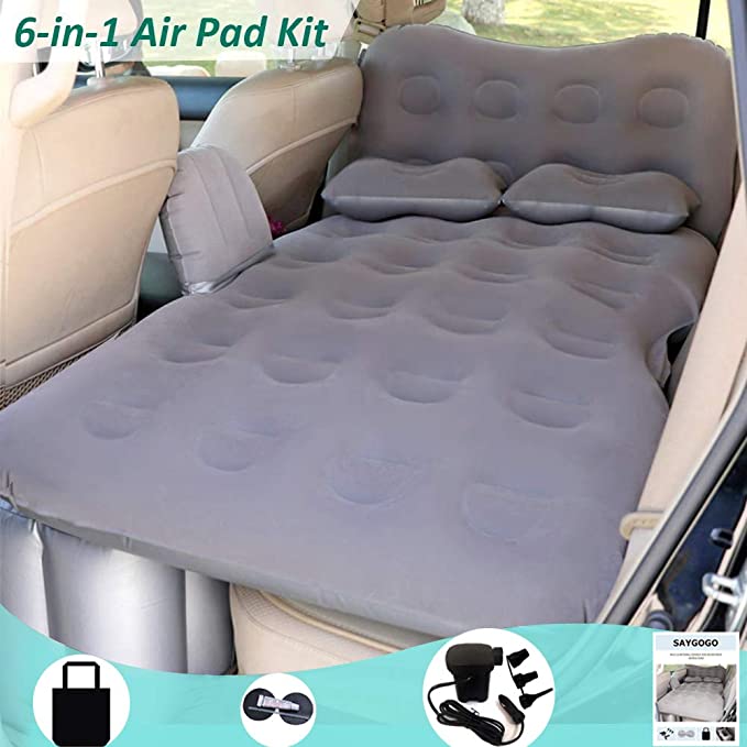 SAYGOGO Inflatable Car Air Mattress Travel Bed - Thickened Car Camping Bed Sleeping Pad with Electric Car Air Pump Flocking & PVC Surface Car Tent with 2 Pillows for SUV Sedan Pickup Back Seat (Gray)
