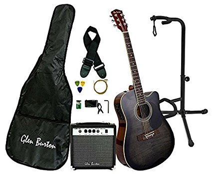 Glen Burton GA204BCO-BK Acoustic Electric Cutaway Guitar, Black and On Stage XCG4 Black Tripod Guitar Stand, Single Stand