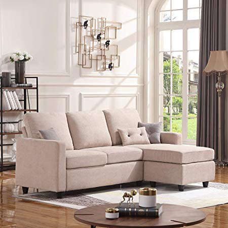 HONBAY Convertible Sectional Sofa Couch, L-Shaped Couch with Modern Linen Fabric for Small Space Dark Beige