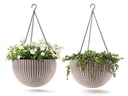 Keter 238700 Hanging Rattan Planter Set, Sandy Beige