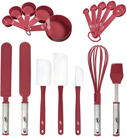 Baking Utensils, 17 Nylon Stainless Steel Baking Supplies Non Stick and Heat Resistant Bakeware set New Baker's Gadget Tools Collection Great Silicone Spatula Best Holiday Gift Idea. (Red)